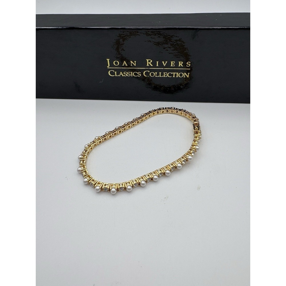 Joan Rivers Faux Pearl Rhinestone Tennis Bracelet Gold Tone Classics Boxed